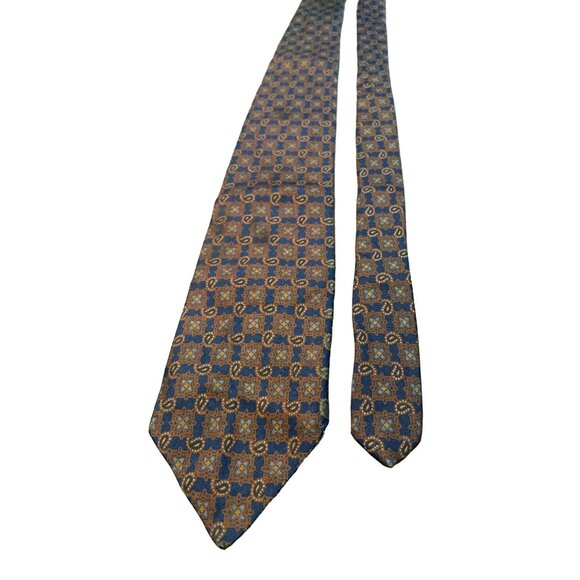 Liberty of London Mens Silk Tie Blue Brown Geometric Pattern Vintage Necktie - Picture 1 of 6
